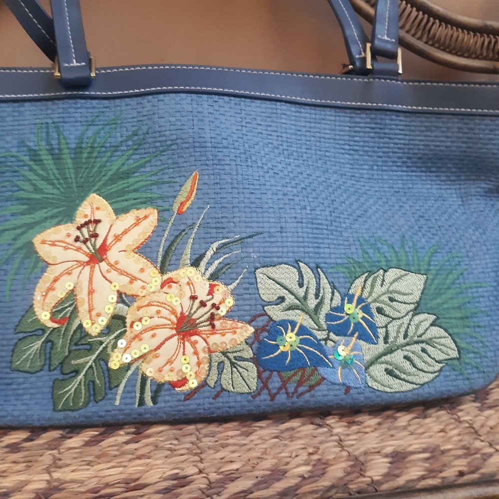 Etienne Aigner Blue Woven Tote Satchel Embroidered - Picture 2 of 7